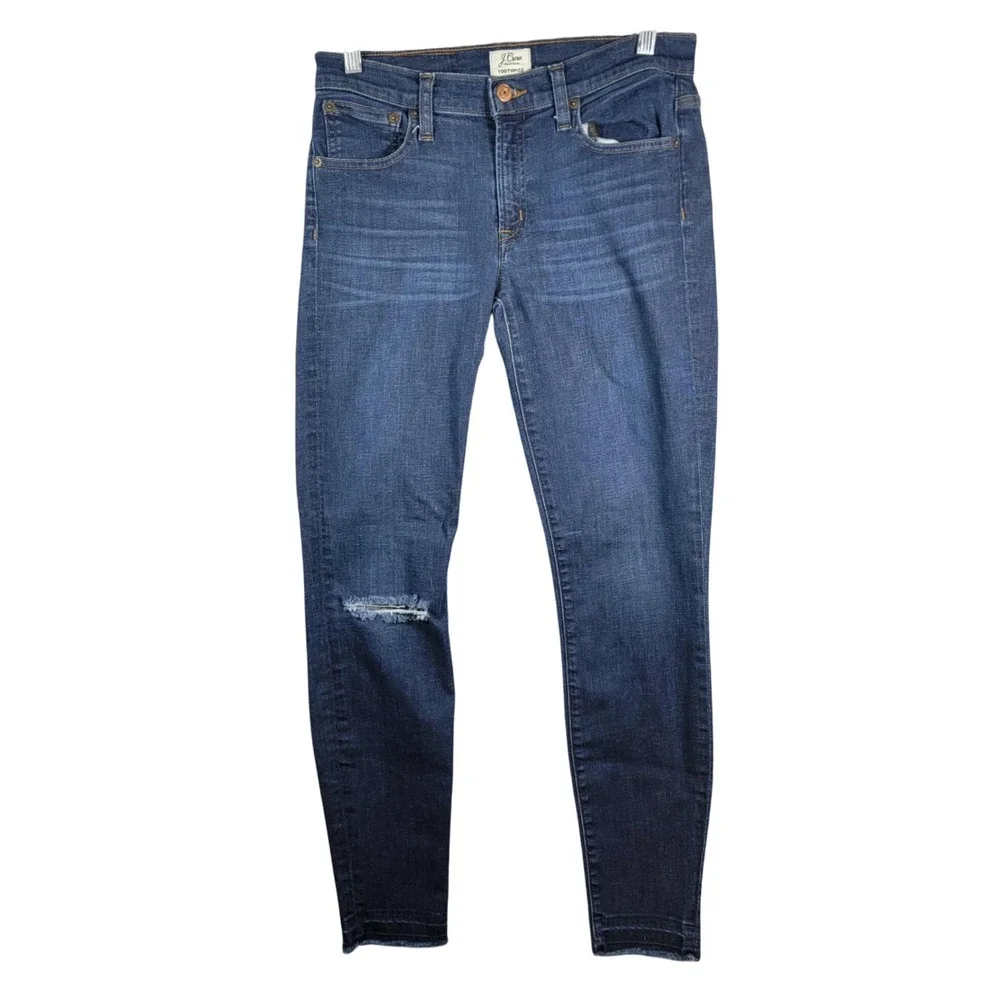 J. Crew Toothpick Skinny Jeans Medium‎ Wash Distressed Denim Womens Size 27